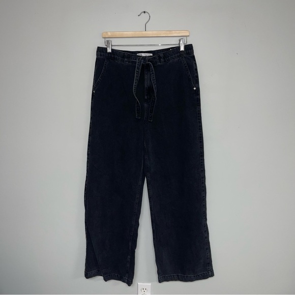Zara Jeans Women's‎ Size Large Black Wash Denim Wide Leg High Rise Front Tie - Picture 2 of 16